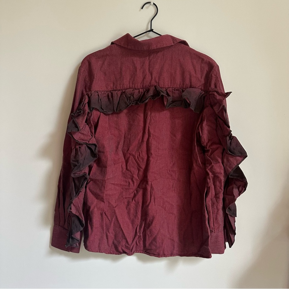 Aglini Dark Red Ruffle Button Down Shirt - Picture 3 of 8